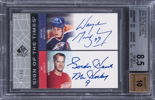 2002-03 Upper Deck SP Authentic "Sign of the Times" #GW Wayne Gretzky/Gordie Howie Signed & Inscribed Card (#71/99) - BGS NM-MT+ 8.5/BGS 10